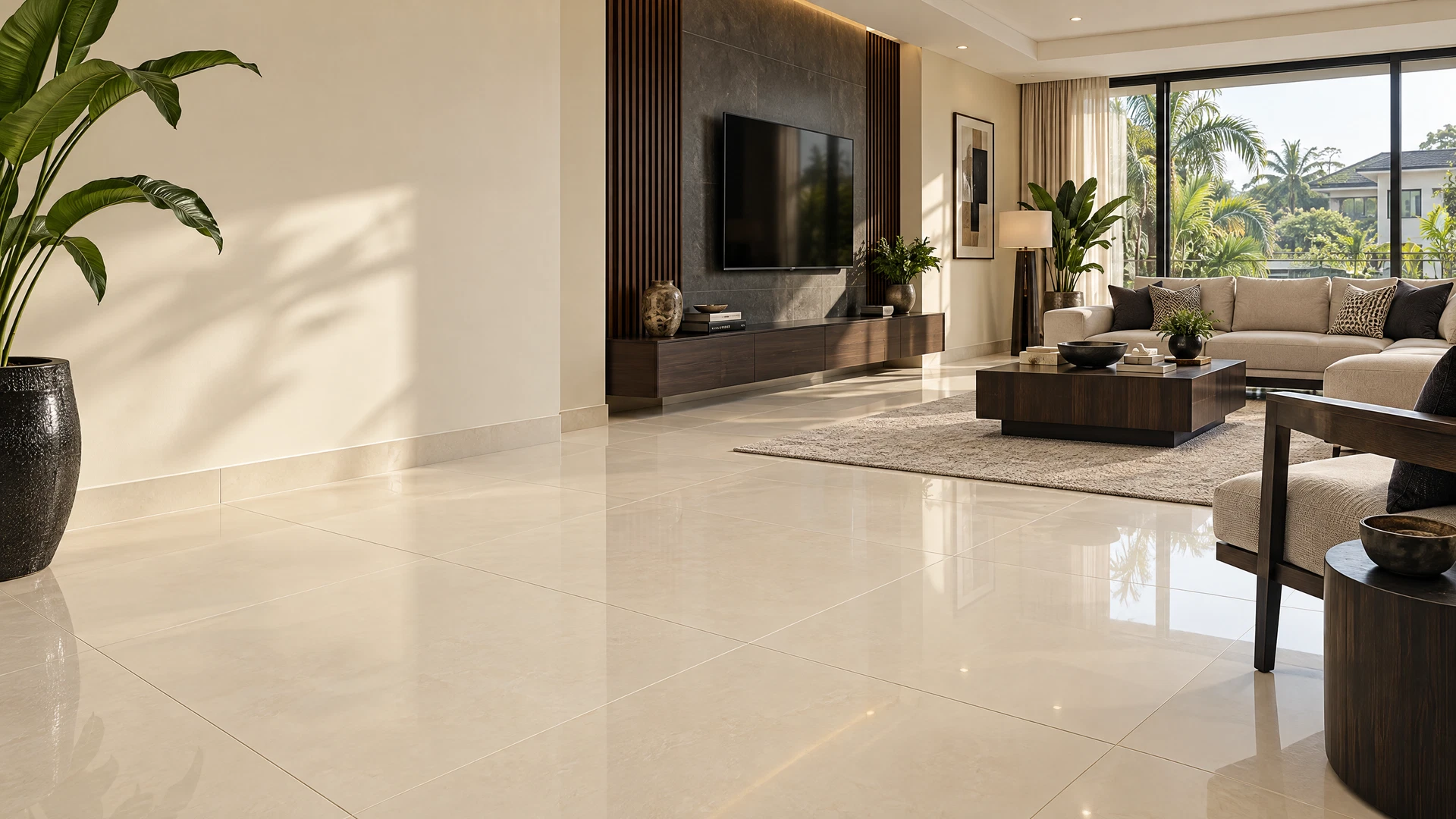 Warm, light-filled living room with a calm tiled floor and refined contemporary finishes