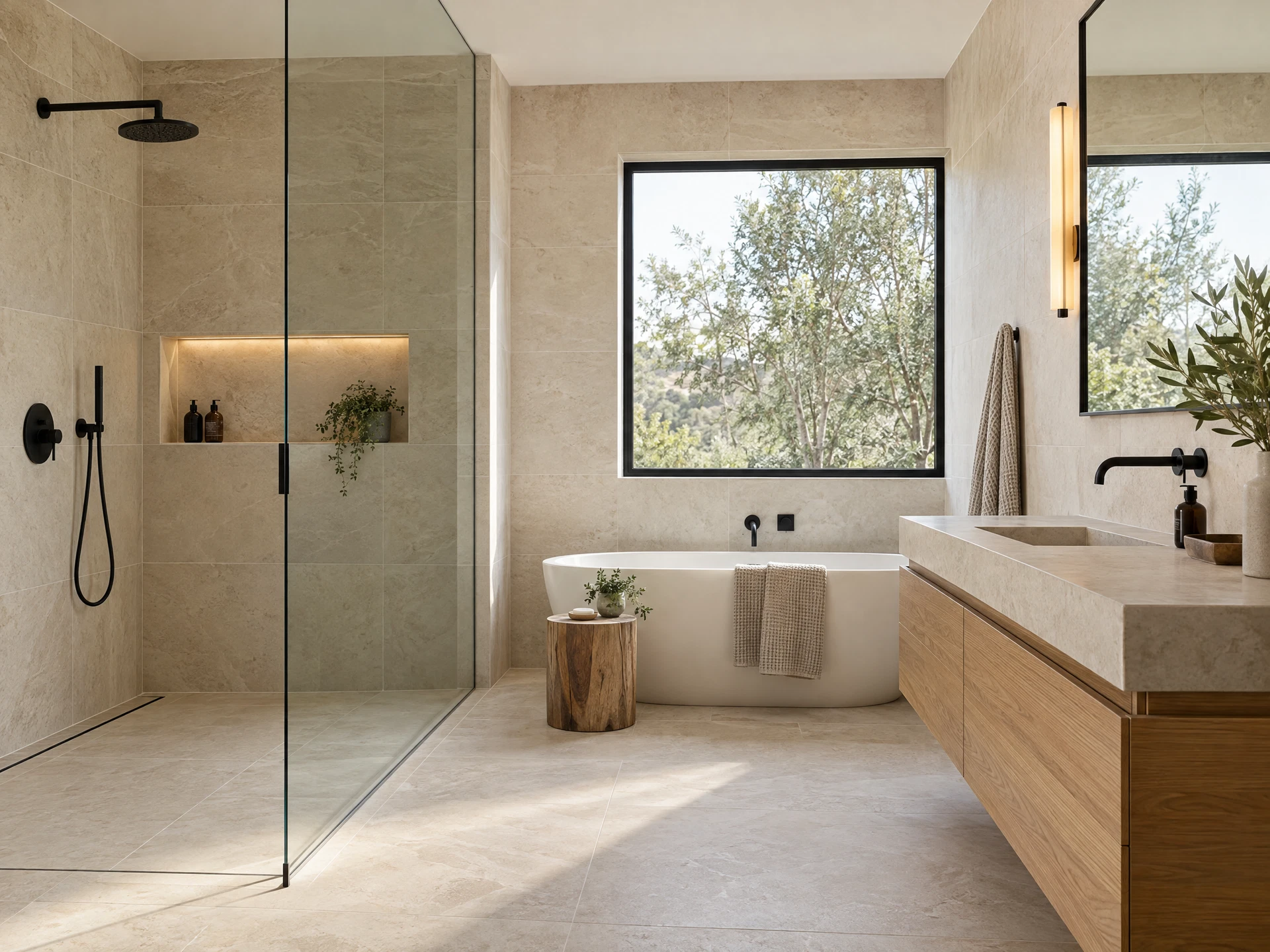 Illustrative modern bathroom with limestone-look tile, crisp joints, and careful shower detailing