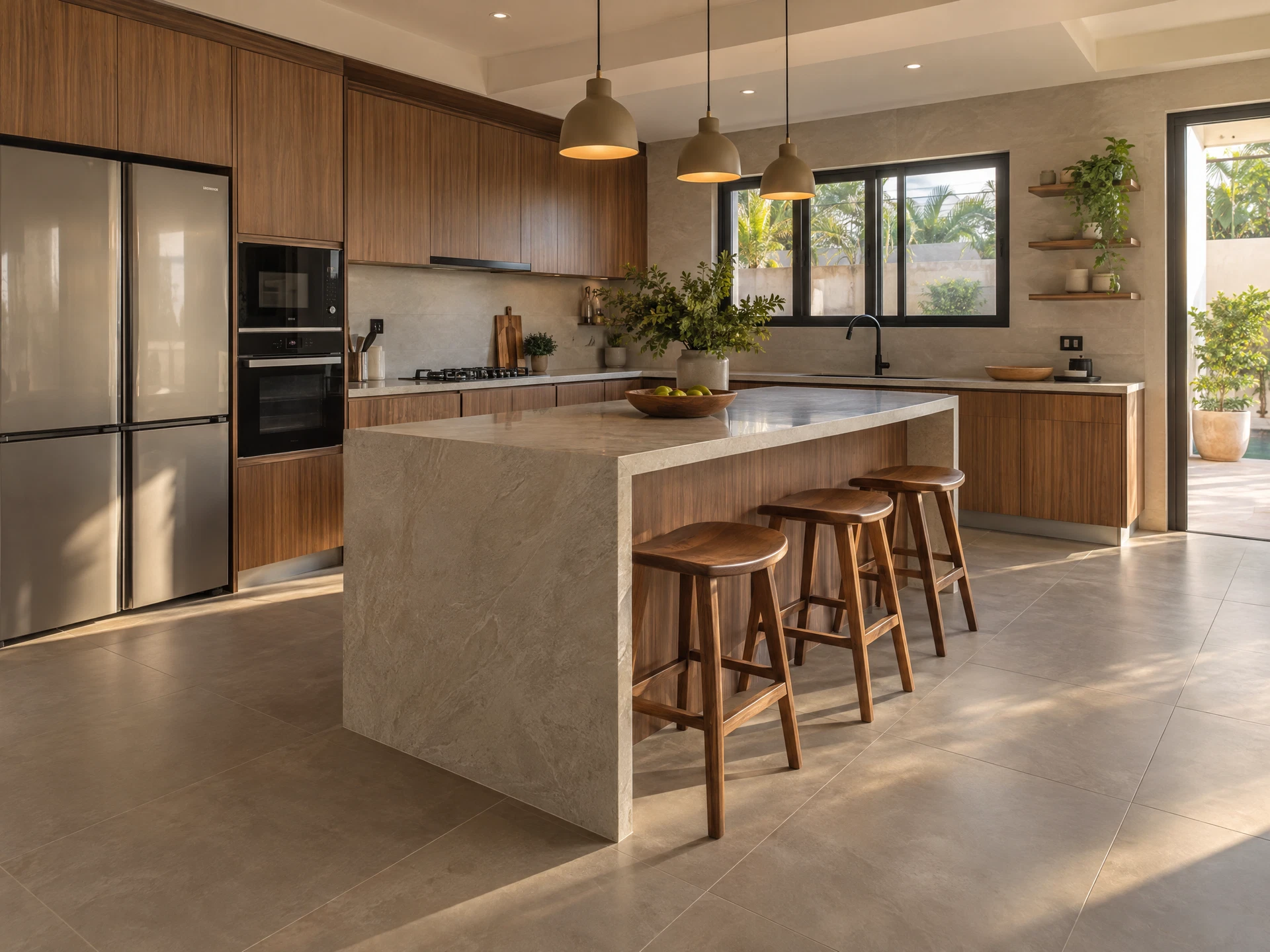 Illustrative contemporary kitchen with a warm grey tiled floor and carefully aligned grout lines